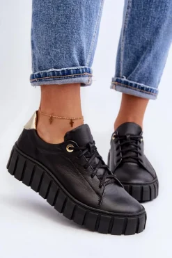 Damskie Zazoo 2919 Damskie Skórzane Półbuty Na Grubej Podeszwie Czarne