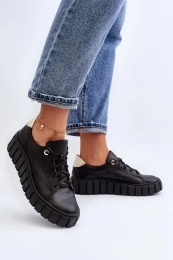 Damskie Zazoo 2919 Damskie Skórzane Półbuty Na Grubej Podeszwie Czarne