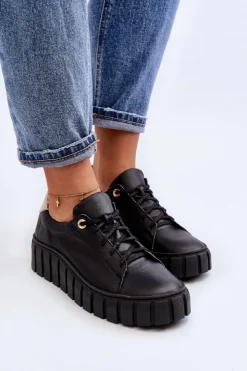 Damskie Zazoo 2919 Damskie Skórzane Półbuty Na Grubej Podeszwie Czarne