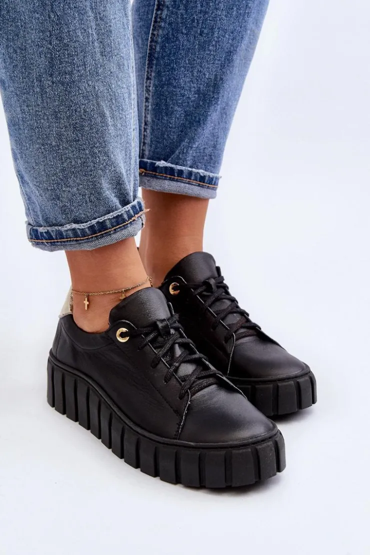 Damskie Zazoo 2919 Damskie Skórzane Półbuty Na Grubej Podeszwie Czarne