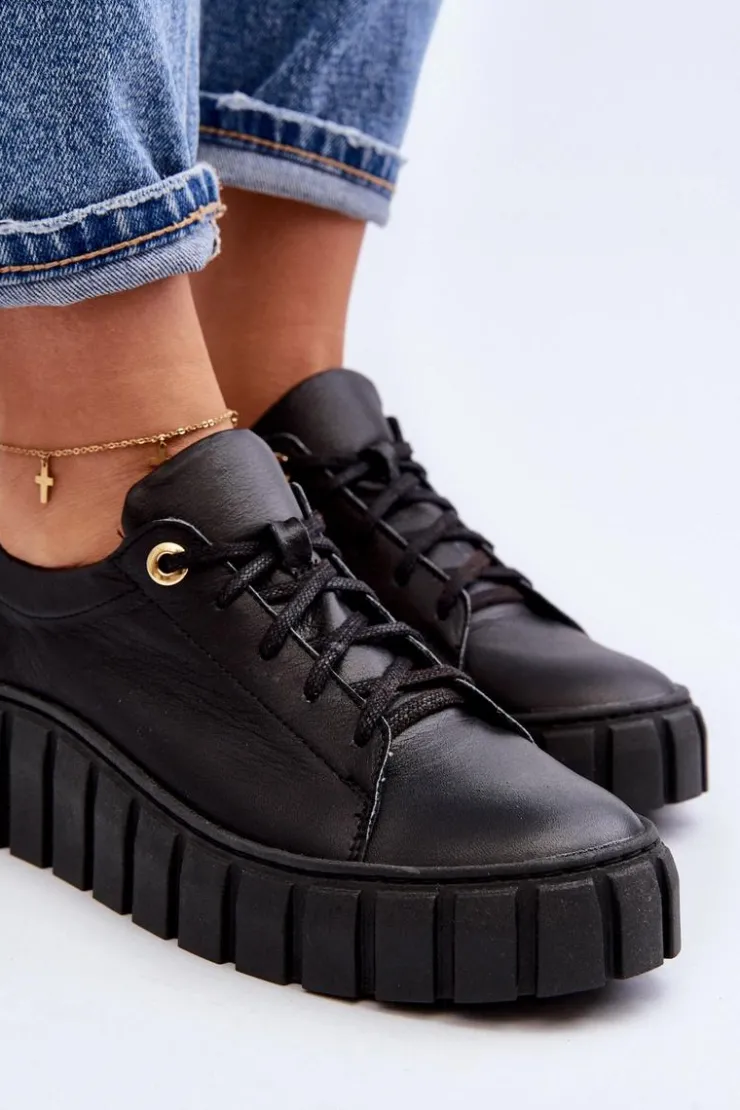 Damskie Zazoo 2919 Damskie Skórzane Półbuty Na Grubej Podeszwie Czarne