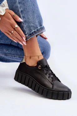 Damskie Zazoo 2919 Damskie Skórzane Półbuty Na Grubej Podeszwie Czarne