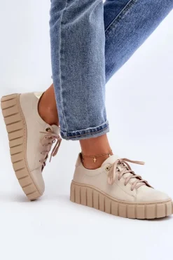 Zazoo Półbuty Skórzane*2919 Damskie Skórzane Półbuty Na Grubej Podeszwie Beżowe