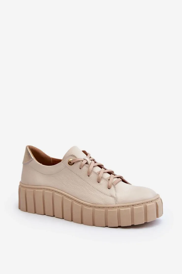 Zazoo Półbuty Skórzane*2919 Damskie Skórzane Półbuty Na Grubej Podeszwie Beżowe