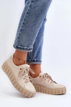 Zazoo Półbuty Skórzane*2919 Damskie Skórzane Półbuty Na Grubej Podeszwie Beżowe