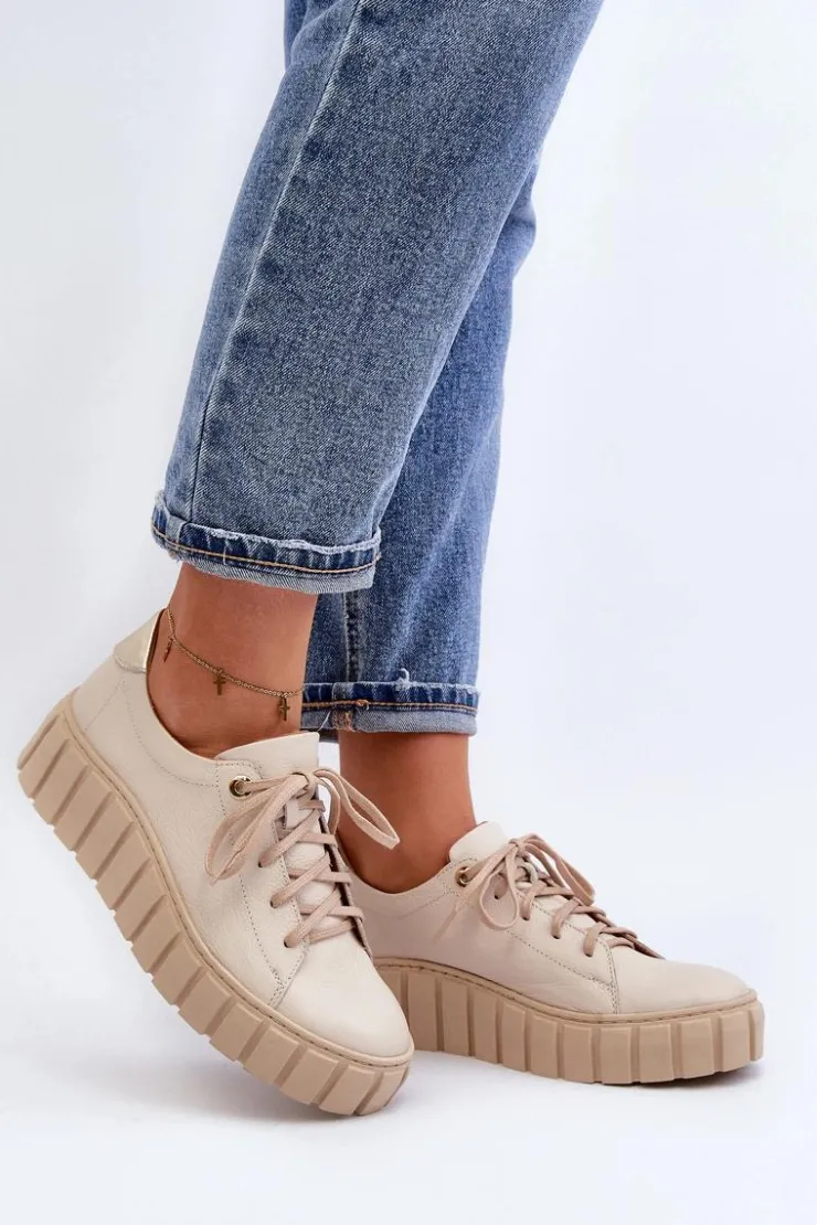 Zazoo Półbuty Skórzane*2919 Damskie Skórzane Półbuty Na Grubej Podeszwie Beżowe