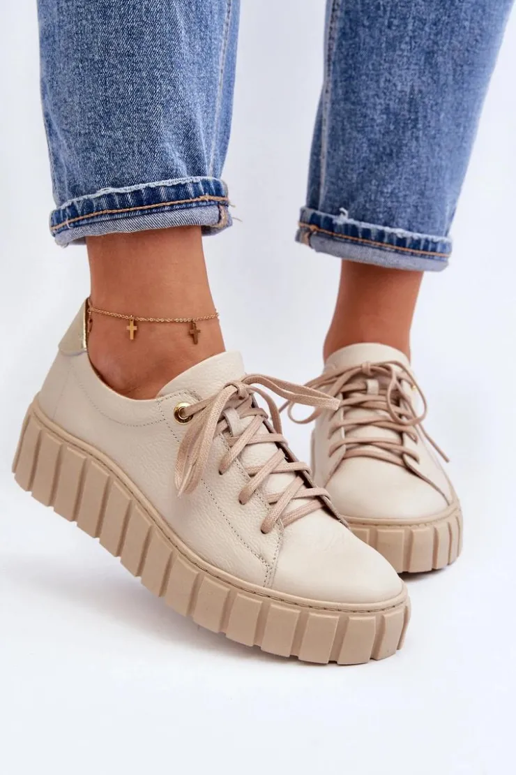 Zazoo Półbuty Skórzane*2919 Damskie Skórzane Półbuty Na Grubej Podeszwie Beżowe