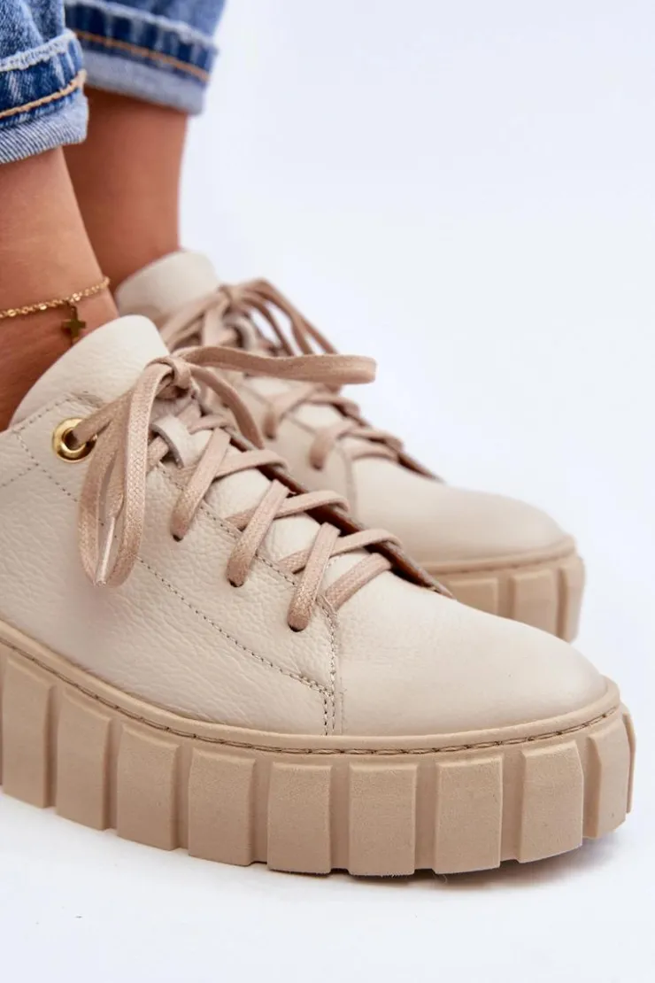 Zazoo Półbuty Skórzane*2919 Damskie Skórzane Półbuty Na Grubej Podeszwie Beżowe