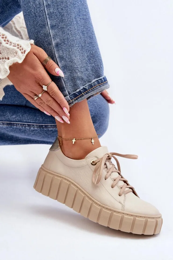 Zazoo Półbuty Skórzane*2919 Damskie Skórzane Półbuty Na Grubej Podeszwie Beżowe