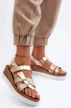 Damskie Zazoo 40397 Damskie Skórzane Sandały Na Platformie Złote