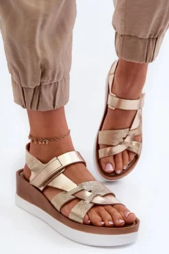 Damskie Zazoo 40397 Damskie Skórzane Sandały Na Platformie Złote