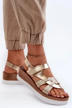 Damskie Zazoo 40397 Damskie Skórzane Sandały Na Platformie Złote