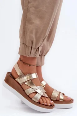 Damskie Zazoo 40397 Damskie Skórzane Sandały Na Platformie Złote