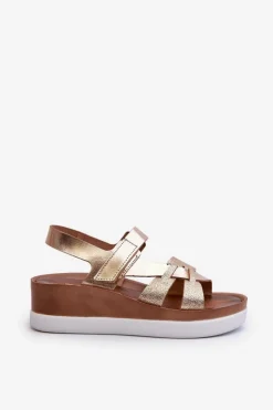 Damskie Zazoo 40397 Damskie Skórzane Sandały Na Platformie Złote