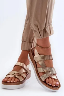 Damskie Zazoo 40397 Damskie Skórzane Sandały Na Platformie Złote