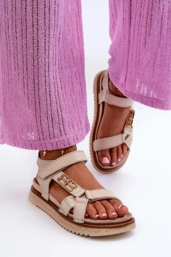 Damskie Maciejka Zazoo 50103 Damskie Skórzane Sandały Na Platformie Beżowe