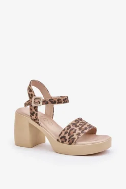 Damskie Zazoo 40386 Damskie Skórzane Sandały Na Klocku Panterka Brązowo-Beżowe