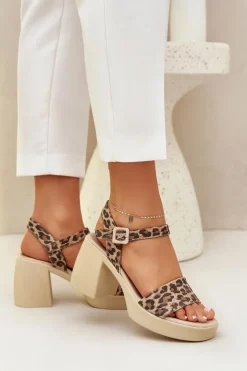 Damskie Zazoo 40386 Damskie Skórzane Sandały Na Klocku Panterka Brązowo-Beżowe