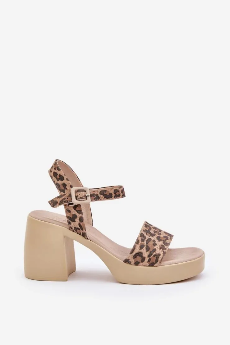 Damskie Zazoo 40386 Damskie Skórzane Sandały Na Klocku Panterka Brązowo-Beżowe