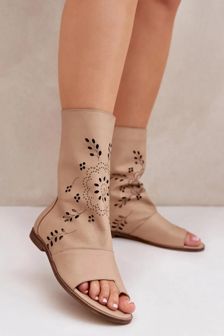 Clearance Boto Zazoo 3437 Damskie Skórzane Sandały Z Cholewką Na Zamek Beżowe Beżowy