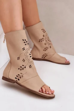 Clearance Boto Zazoo 3437 Damskie Skórzane Sandały Z Cholewką Na Zamek Beżowe Beżowy