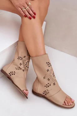 Clearance Boto Zazoo 3437 Damskie Skórzane Sandały Z Cholewką Na Zamek Beżowe Beżowy