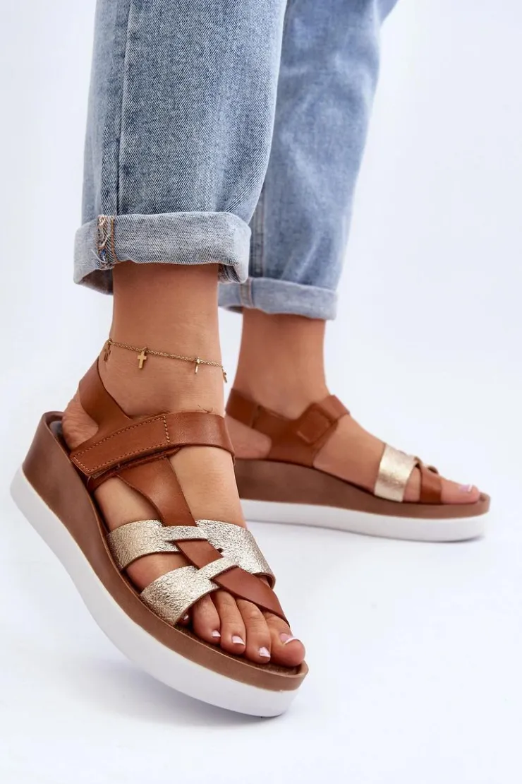 Zazoo 40397 Damskie Skórzane Sandały Na Platformie Brązowe Brązowy