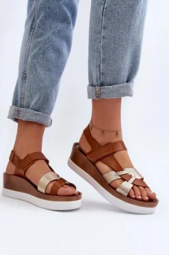 Zazoo 40397 Damskie Skórzane Sandały Na Platformie Brązowe Brązowy