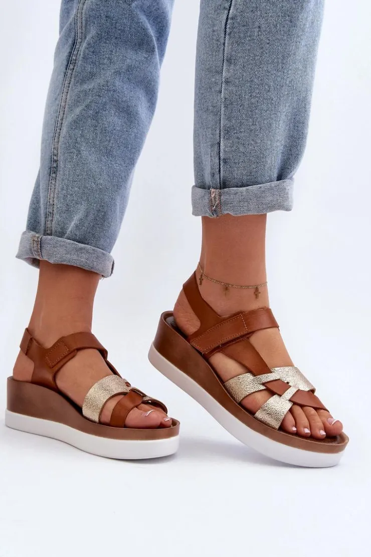 Zazoo 40397 Damskie Skórzane Sandały Na Platformie Brązowe Brązowy