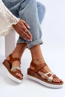 Zazoo 40397 Damskie Skórzane Sandały Na Platformie Brązowe Brązowy