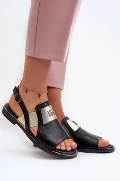 Zazoo Sandały Płaskie*40385 Damskie Skórzane Sandały Czarne Czarny