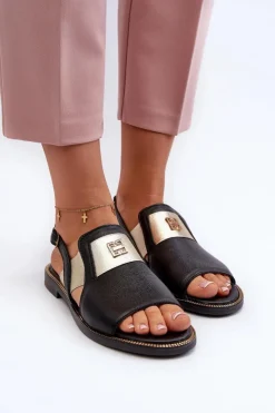 Zazoo Sandały Płaskie*40385 Damskie Skórzane Sandały Czarne Czarny