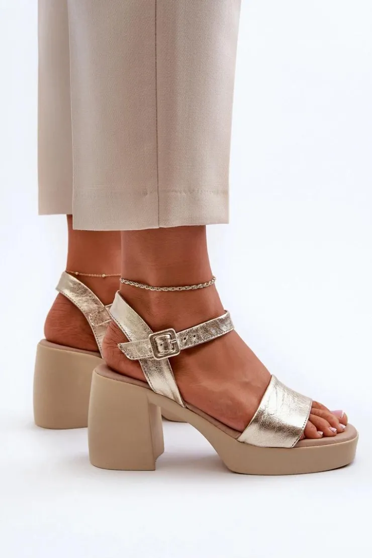 Hot Zazoo 40386 Damskie Skórzane Sandały Na Klocku Złote Złoty