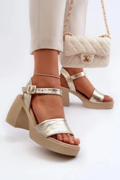 Hot Zazoo 40386 Damskie Skórzane Sandały Na Klocku Złote Złoty