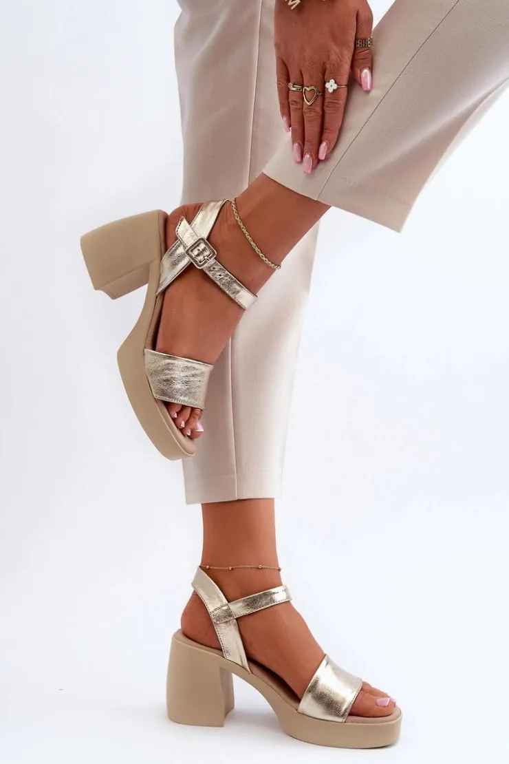 Hot Zazoo 40386 Damskie Skórzane Sandały Na Klocku Złote Złoty