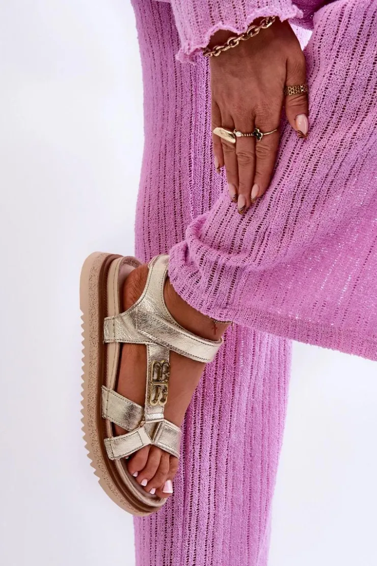 Damskie Maciejka Zazoo 50103 Damskie Skórzane Sandały Na Platformie Złote