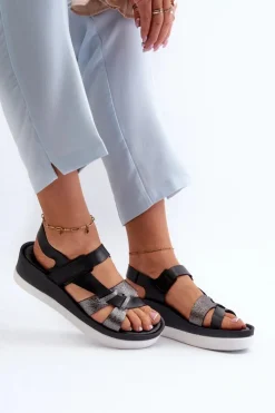 Damskie Zazoo 40397 Damskie Skórzane Sandały Na Platformie Czarne