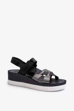 Damskie Zazoo 40397 Damskie Skórzane Sandały Na Platformie Czarne