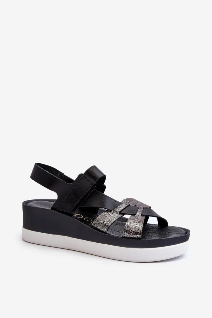 Damskie Zazoo 40397 Damskie Skórzane Sandały Na Platformie Czarne