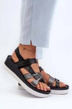 Damskie Zazoo 40397 Damskie Skórzane Sandały Na Platformie Czarne