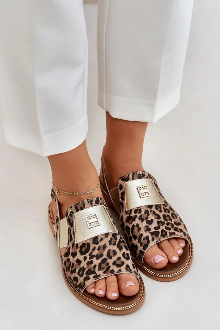 Zazoo Sandały Z Cholewką|Sandały Płaskie*40385 Damskie Skórzane Sandały W Panterkę Brązowe Brązowy