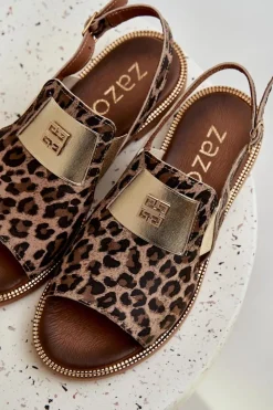 Zazoo Sandały Z Cholewką|Sandały Płaskie*40385 Damskie Skórzane Sandały W Panterkę Brązowe Brązowy