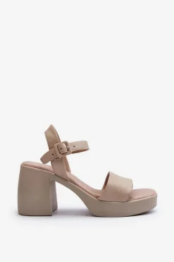 New Zazoo 40386 Damskie Skórzane Sandały Na Klocku Beżowe Beżowy
