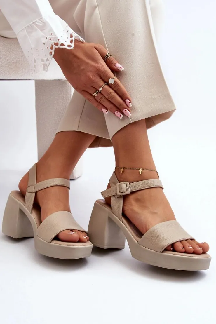 New Zazoo 40386 Damskie Skórzane Sandały Na Klocku Beżowe Beżowy