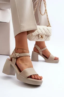 New Zazoo 40386 Damskie Skórzane Sandały Na Klocku Beżowe Beżowy
