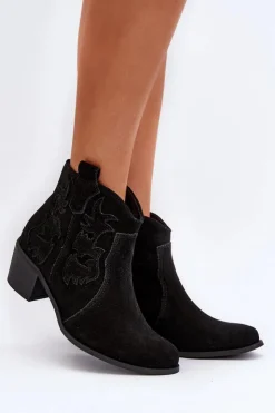 Clearance Zazoo 3426 Damskie Zamszowe Botki Kowbojki Czarne Czarny