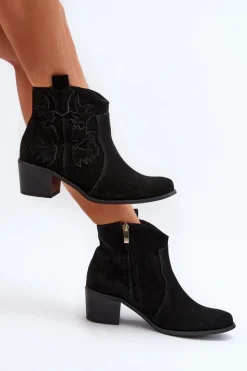 Clearance Zazoo 3426 Damskie Zamszowe Botki Kowbojki Czarne Czarny