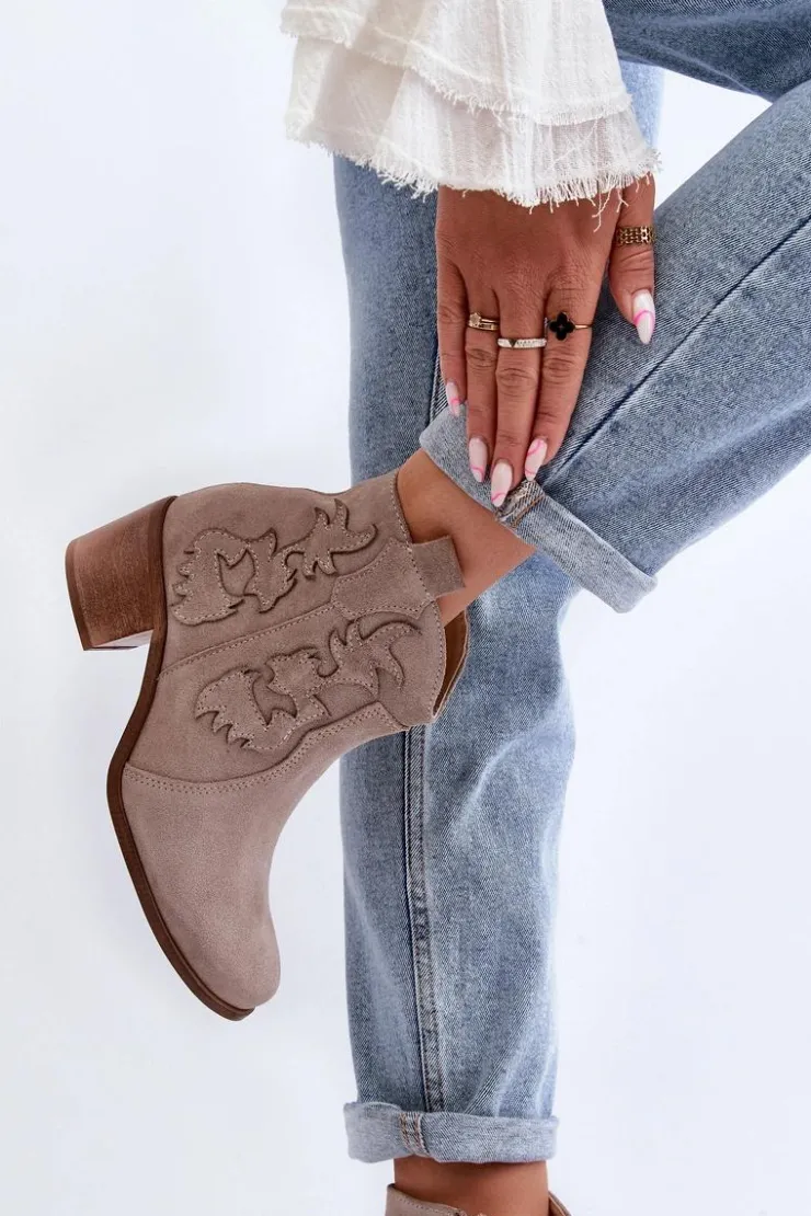 Zazoo Botki Skórzane|Botki Na Słupku*3426 Damskie Zamszowe Botki Kowbojki Cappucino