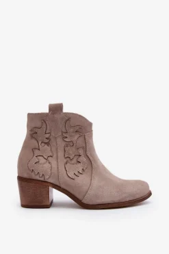 Zazoo Botki Skórzane|Botki Na Słupku*3426 Damskie Zamszowe Botki Kowbojki Cappucino