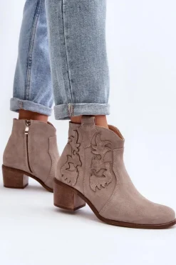 Zazoo Botki Skórzane|Botki Na Słupku*3426 Damskie Zamszowe Botki Kowbojki Cappucino